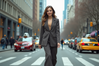 Jeune femme en blazer européen dans une rue urbaine dynamique