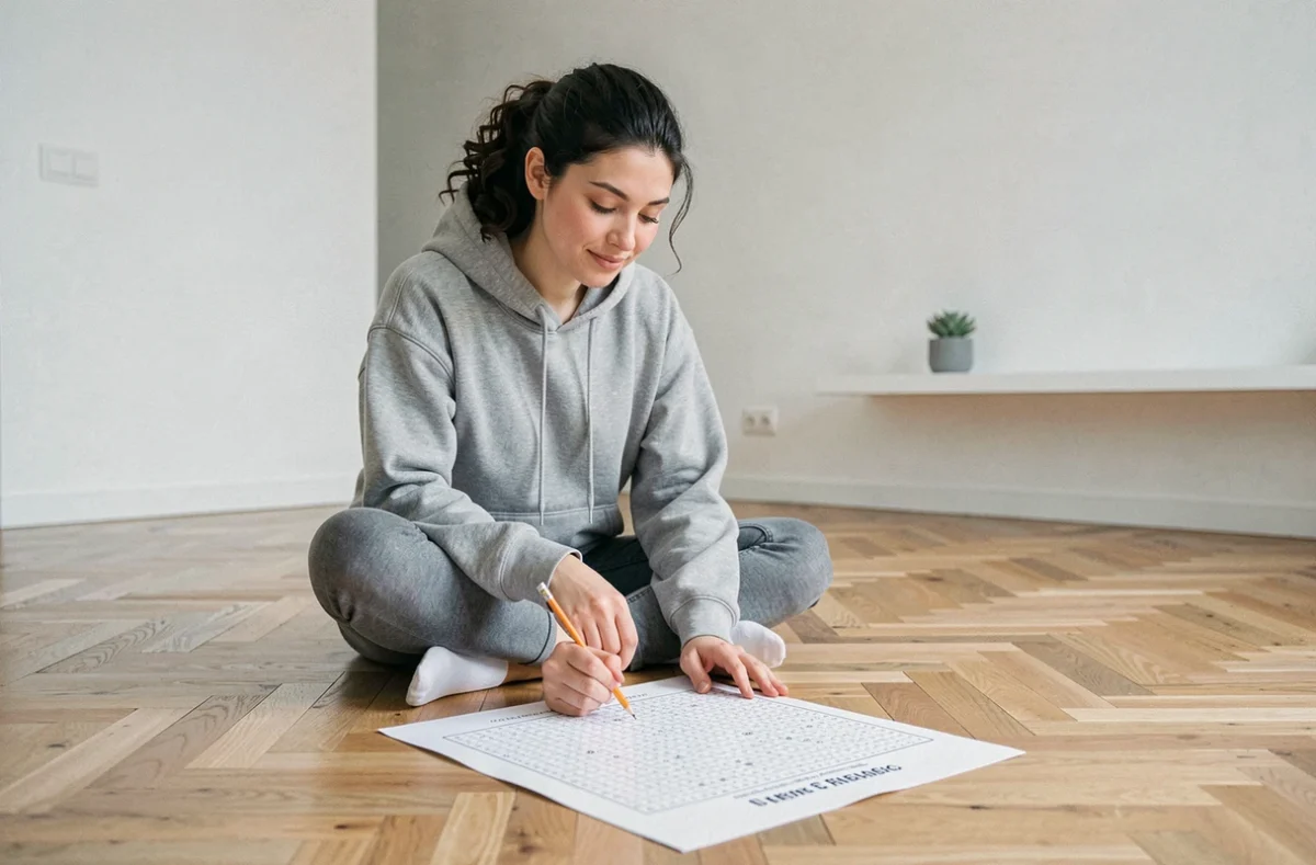 Jeune femme assise par terre résolvant une grille de mots fléchés imprimée dans un appartement moderne