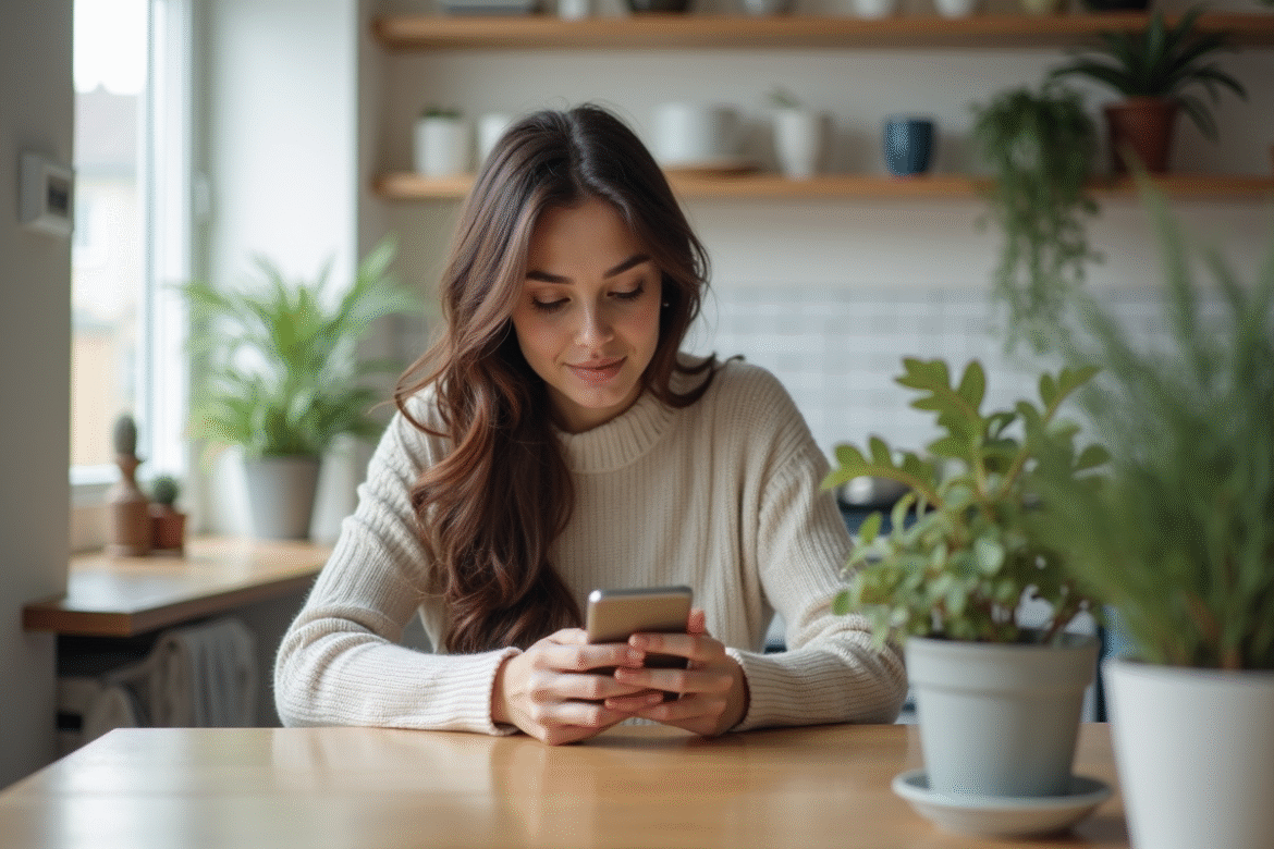 Jeune femme dans un appartement moderne utilisant son smartphone