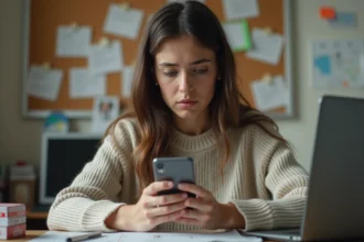 Jeune femme concentrée sur son smartphone dans un bureau