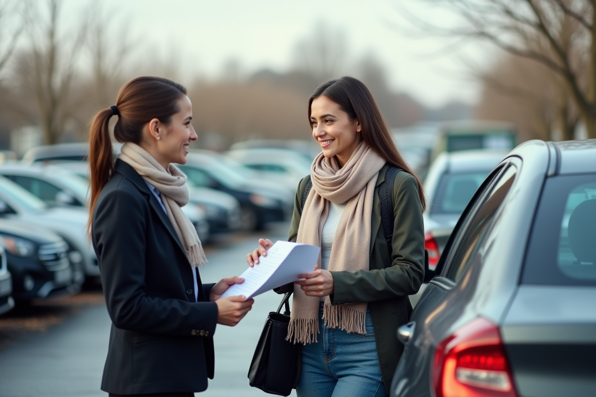 Jeune femme discutant avec une vendeuse devant une voiture d
