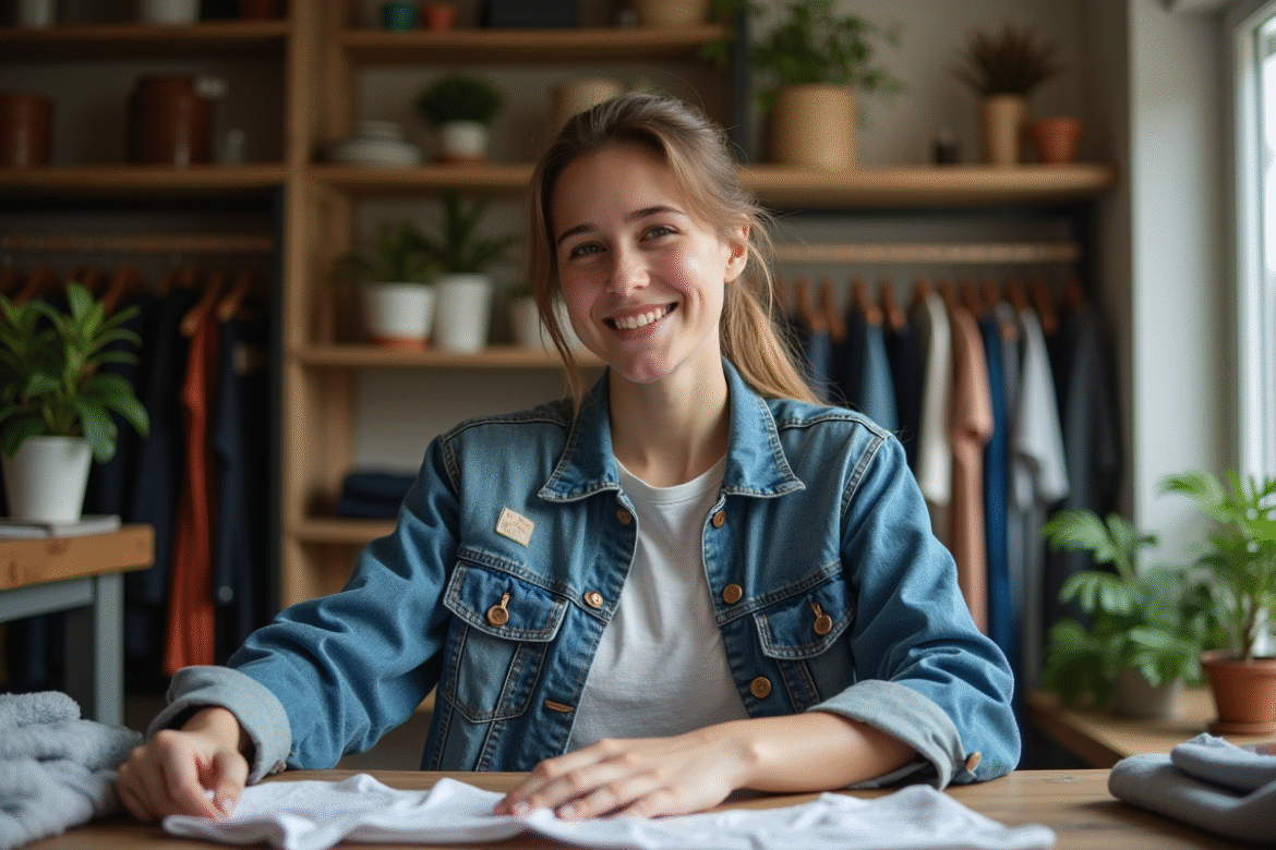 Jeune femme en denim mended et vêtements recyclés