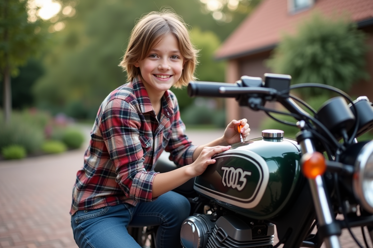 Fille adolescente pose des decals sur le réservoir de sa moto 50cc en extérieur