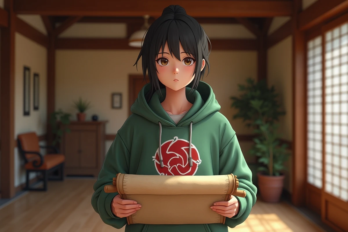 Adolescente avec un kimono regardant un vieux scroll Hokage