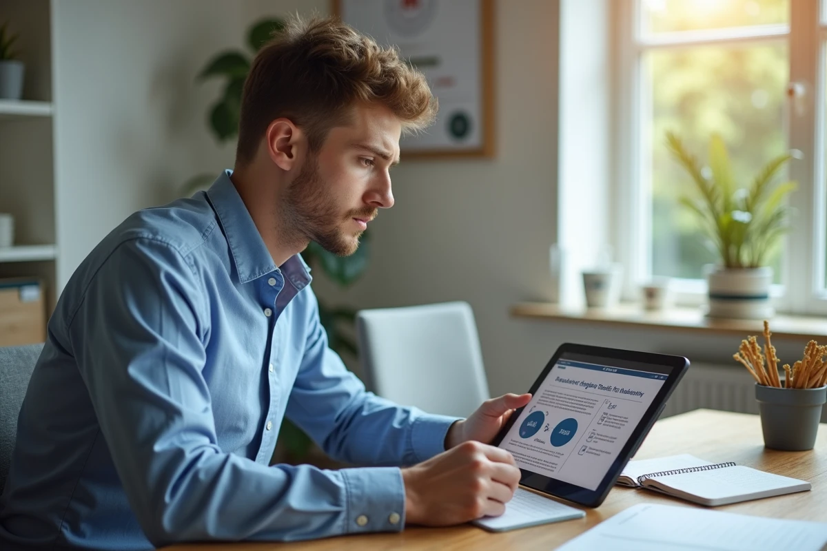 Jeune homme étudiant une stratégie de bridge sur une tablette dans un bureau