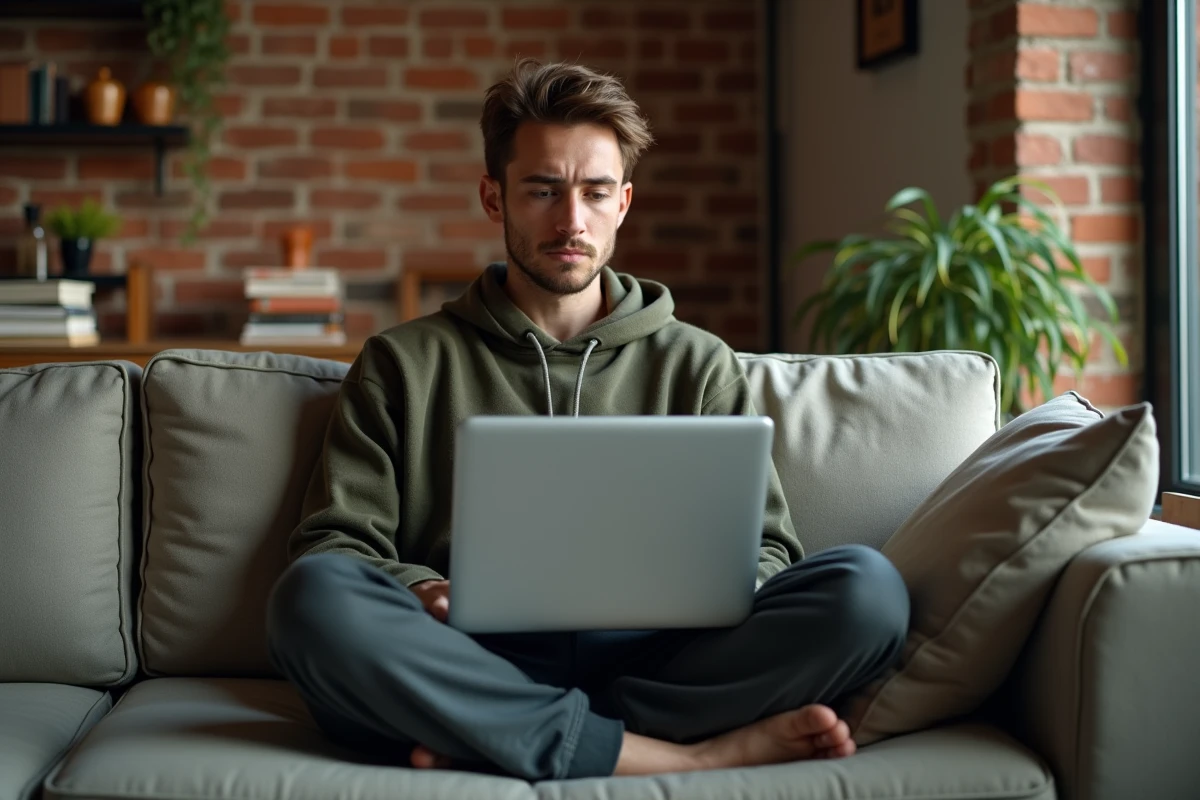 Jeune homme analysant le site Buzzmax sur ordinateur portable depuis son salon, condensé d'actualités en 2026