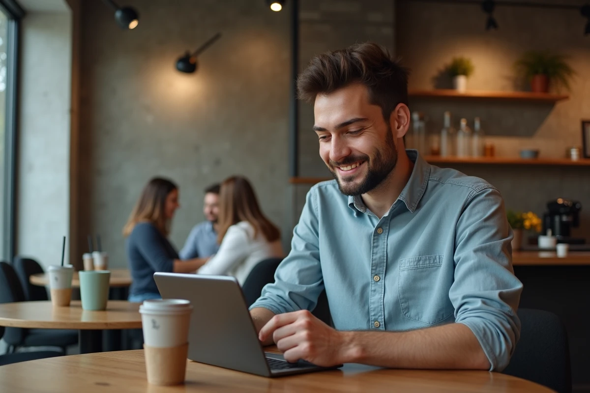 Jeune homme au café discutant avec service client