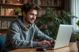 Jeune homme lisant manga sur son ordinateur dans un salon cosy