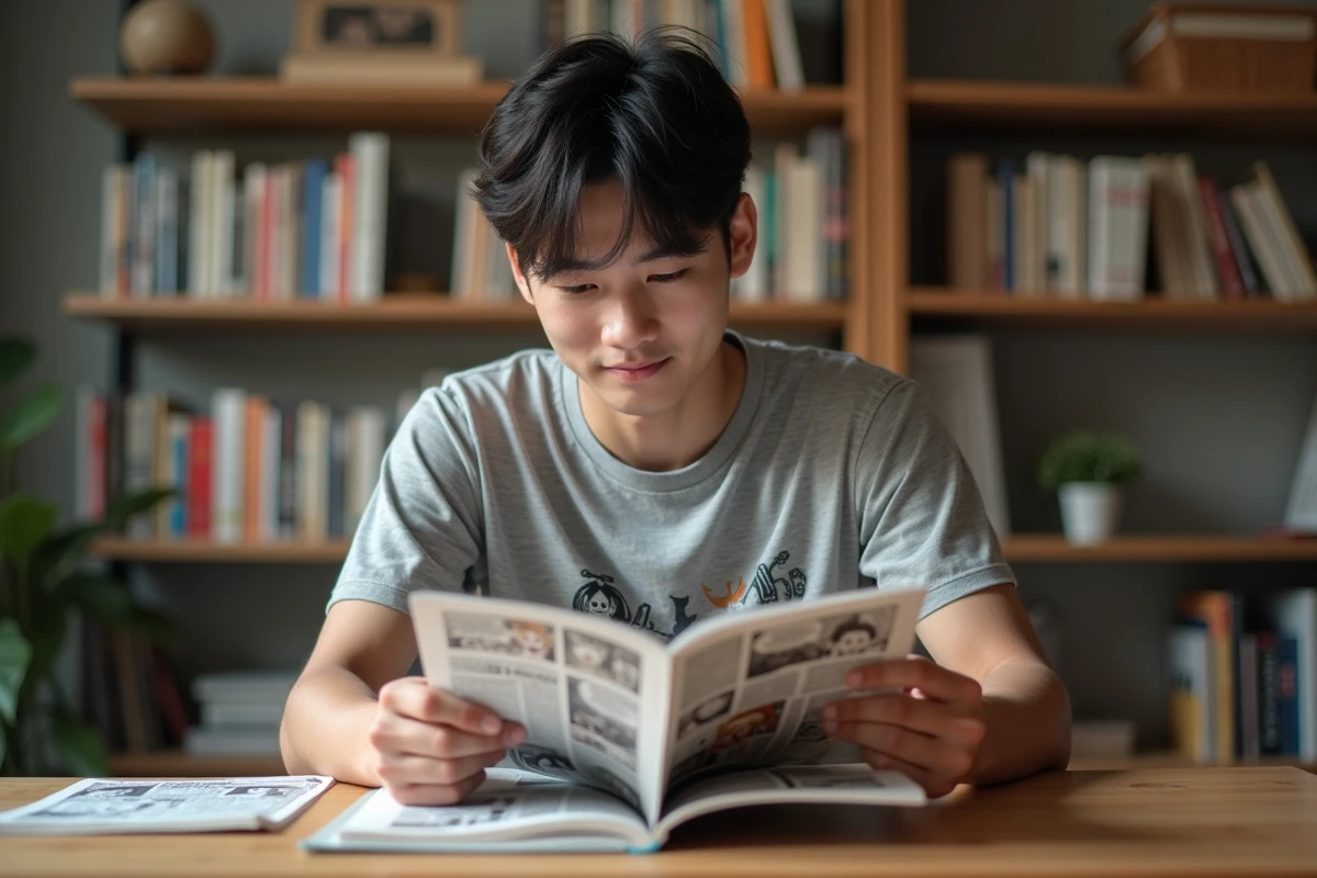 Jeune homme compare des pages de manga One Piece à la maison