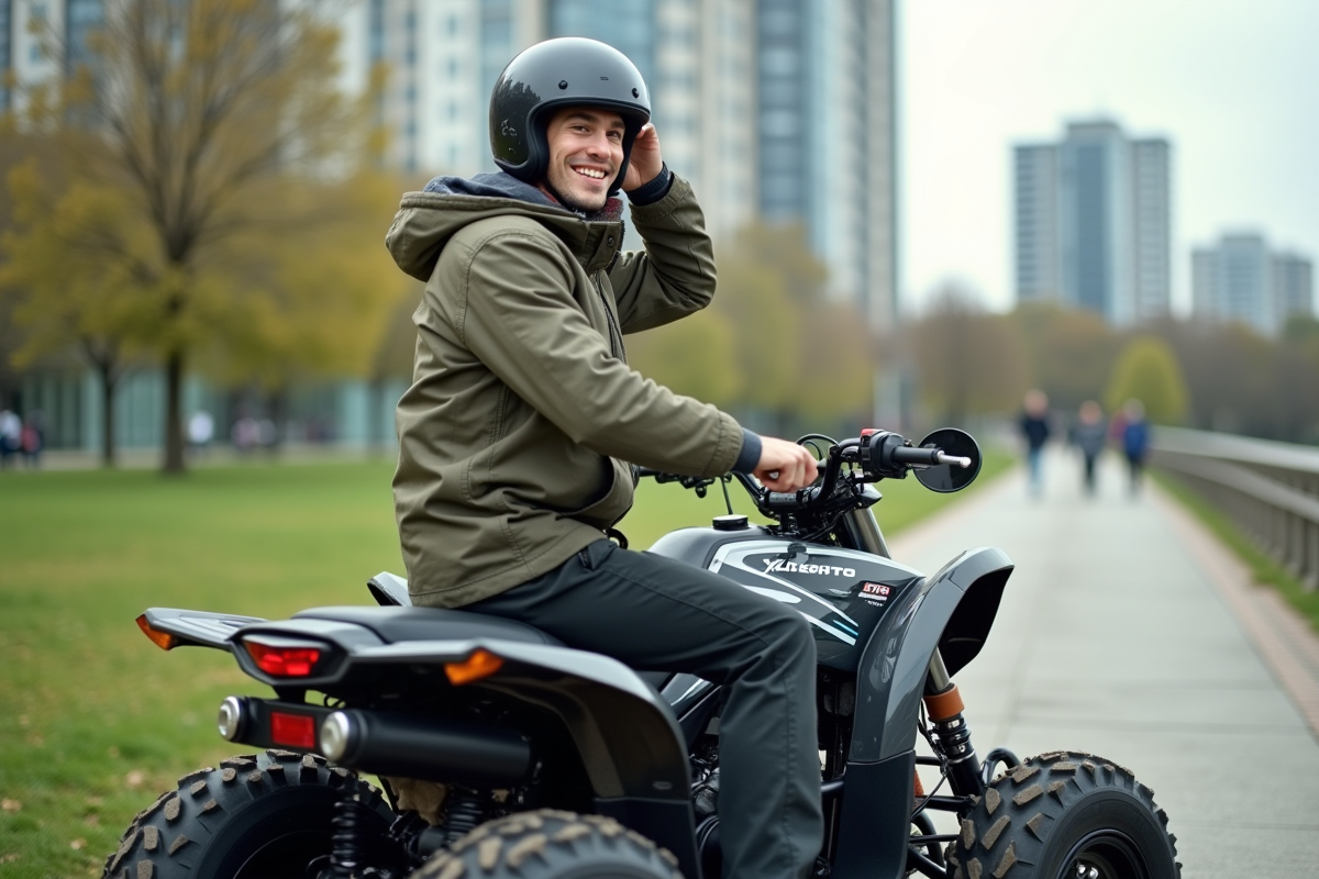Jeune homme ajustant son casque sur un quad en ville