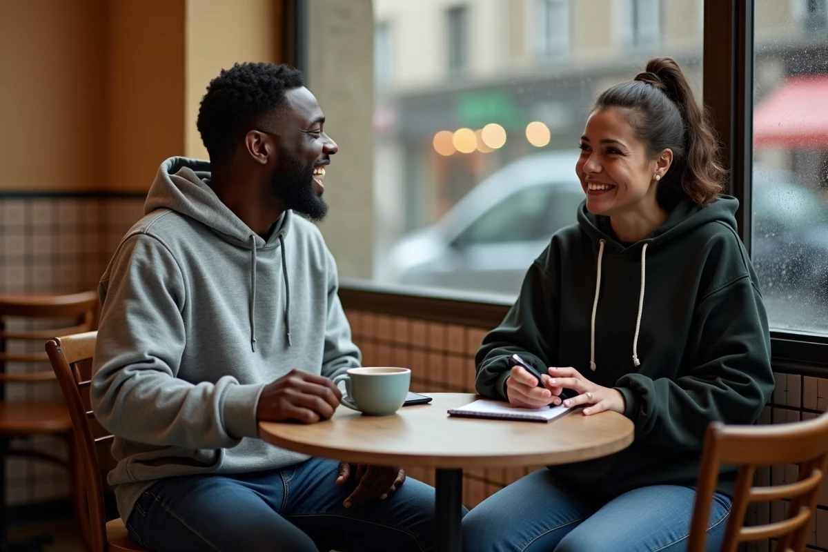 Jeune humoriste noir accordant une interview dans un café parisien, discutant de visibilité et de représentation télévisuelle