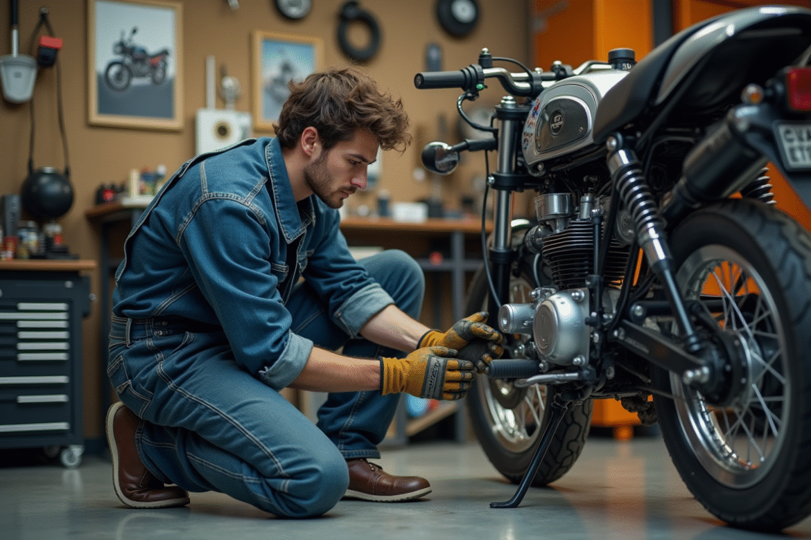 Jeune homme en atelier ajuste une échappement sur une moto 50cc