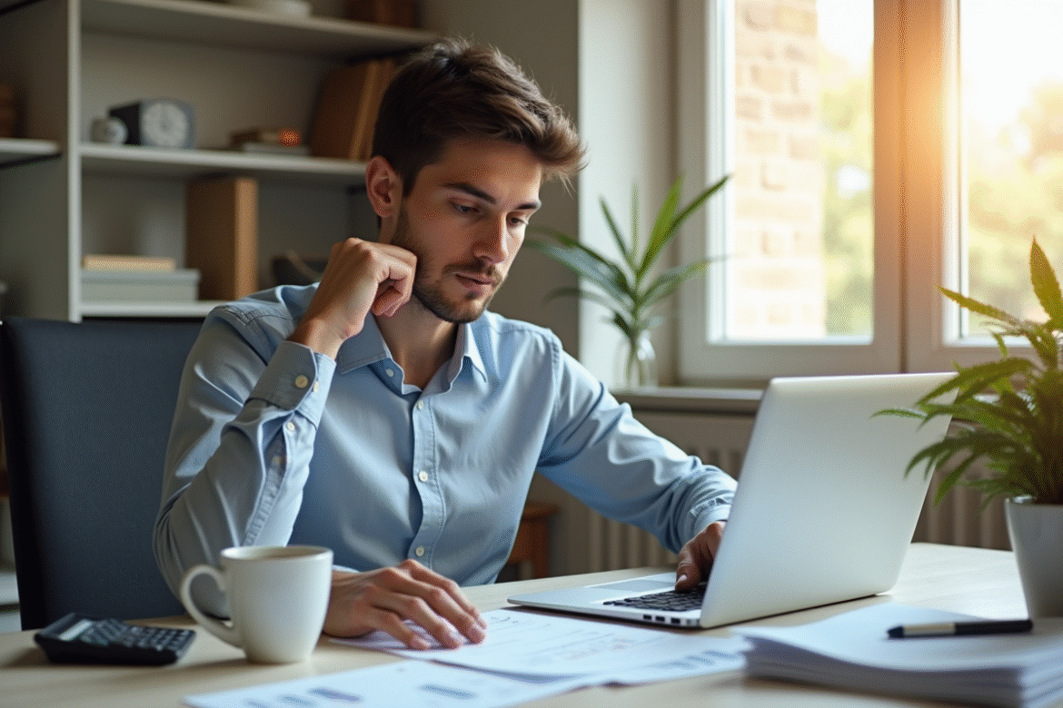 Jeune professionnel à son bureau examine des documents financiers