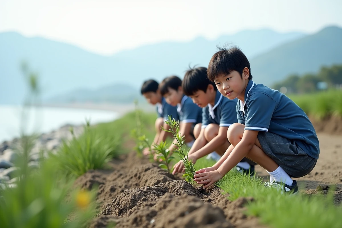 Jeunes écoliers plantant des arbres sur une digue rénovée