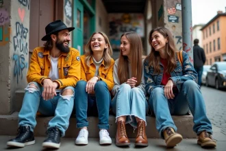 Quatre jeunes adultes en ville lors d'une rencontre conviviale