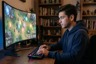 Joueur adulte devant un écran affichant une carte de jeu fantastique avec des portails de zone dans un setup gaming organisé