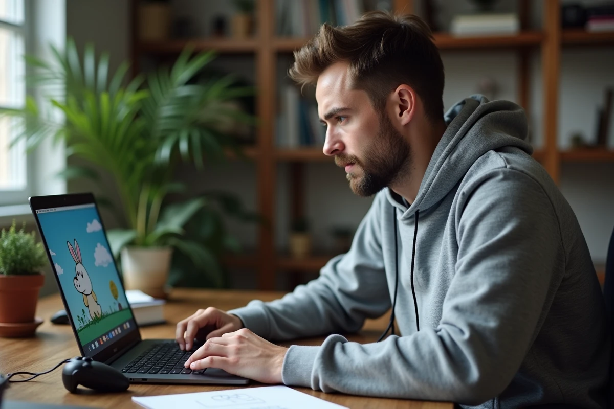 Joueur adulte concentré résolvant l'énigme Il y a un os de Wabbit sur son ordinateur portable avec des notes manuscrites sur son bureau