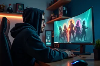 Joueur adulte concentré devant un écran de sélection de personnages RPG dans un bureau gaming, illustrant le choix de style de jeu