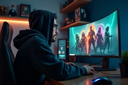 Joueur adulte concentré devant un écran de sélection de personnages RPG dans un bureau gaming, illustrant le choix de style de jeu