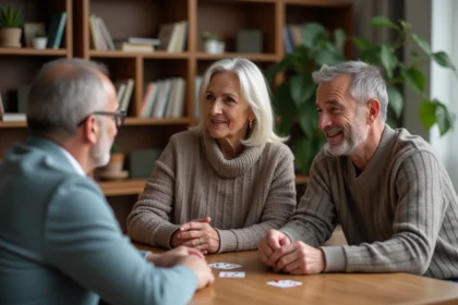 Groupe de trois personnes jouant au bridge dans un intérieur chaleureux