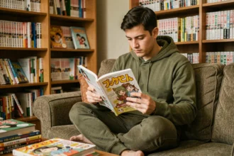 Jeune homme lisant un volume de manga One Punch Man sur un canapé dans un appartement cosy rempli de mangas