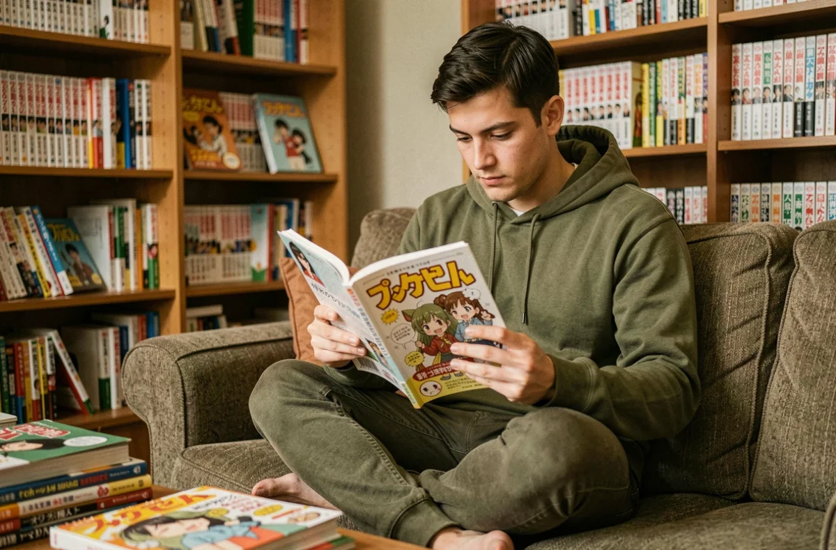 Jeune homme lisant un volume de manga One Punch Man sur un canapé dans un appartement cosy rempli de mangas