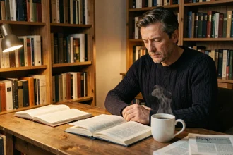 Homme lisant des analyses de blog dans un bureau chaleureux entouré de livres et de notes manuscrites