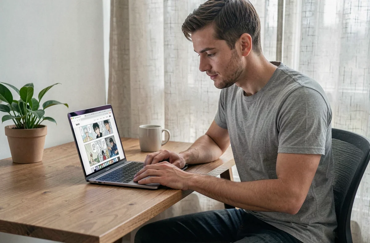 Homme lisant un scan manga en ligne sur son ordinateur portable dans un bureau minimaliste