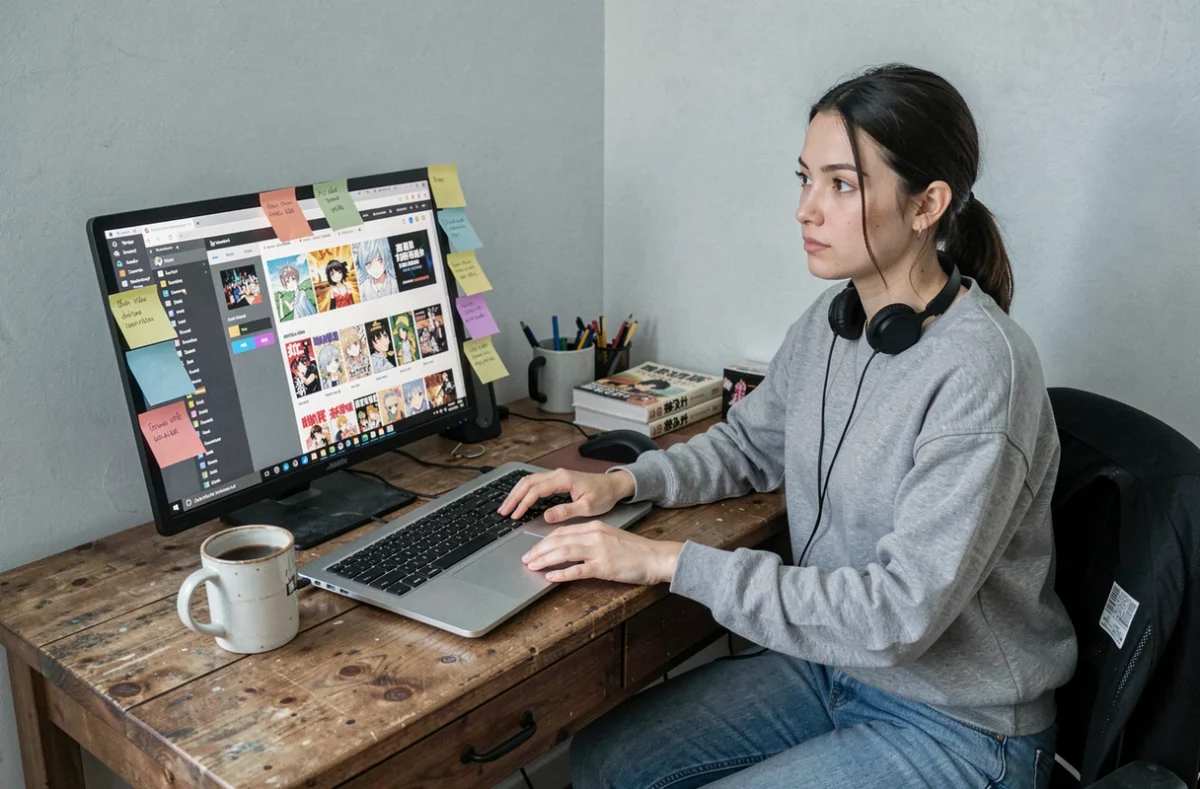 Jeune femme lisant des scanlations de manga sur ordinateur portable à son bureau avec des volumes de manga empilés