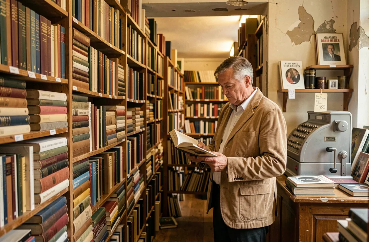 Homme parcourant les rayons d'une librairie d'occasion remplie de livres empilés, évoquant le plaisir simple de la lecture et la richesse des désirs modestes