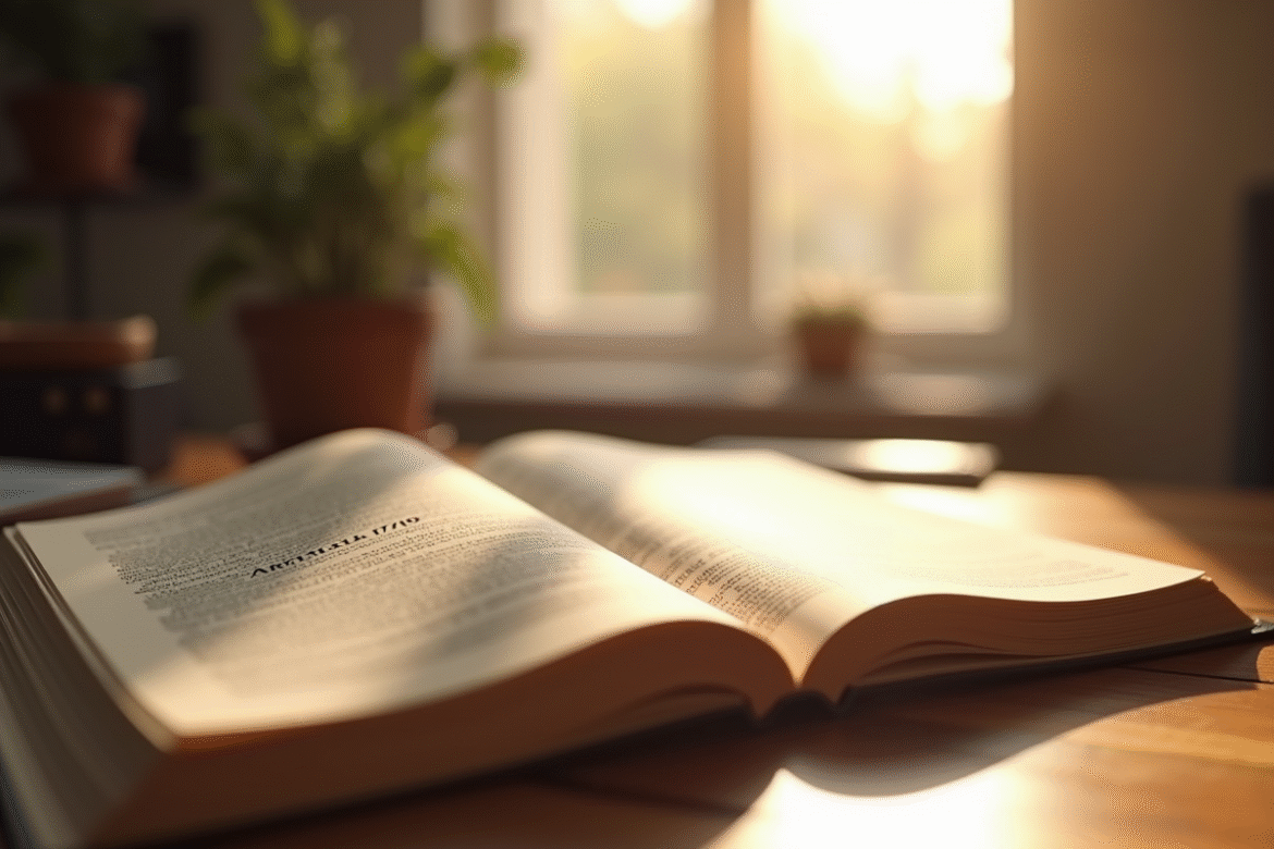 Livre juridique ouvert sur un bureau ensoleille avec article 1719