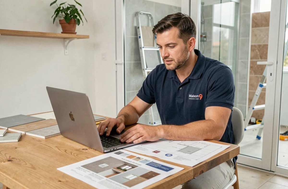 Spécialiste de Maison 9 consultant des plans de rénovation de salle de bain avec des échantillons de carrelage dans un bureau à Orléans