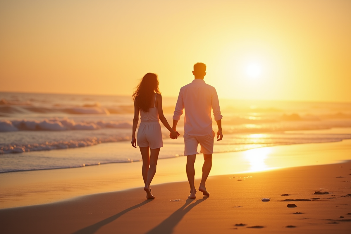 Couple main dans la main marchant sur la plage au coucher du soleil