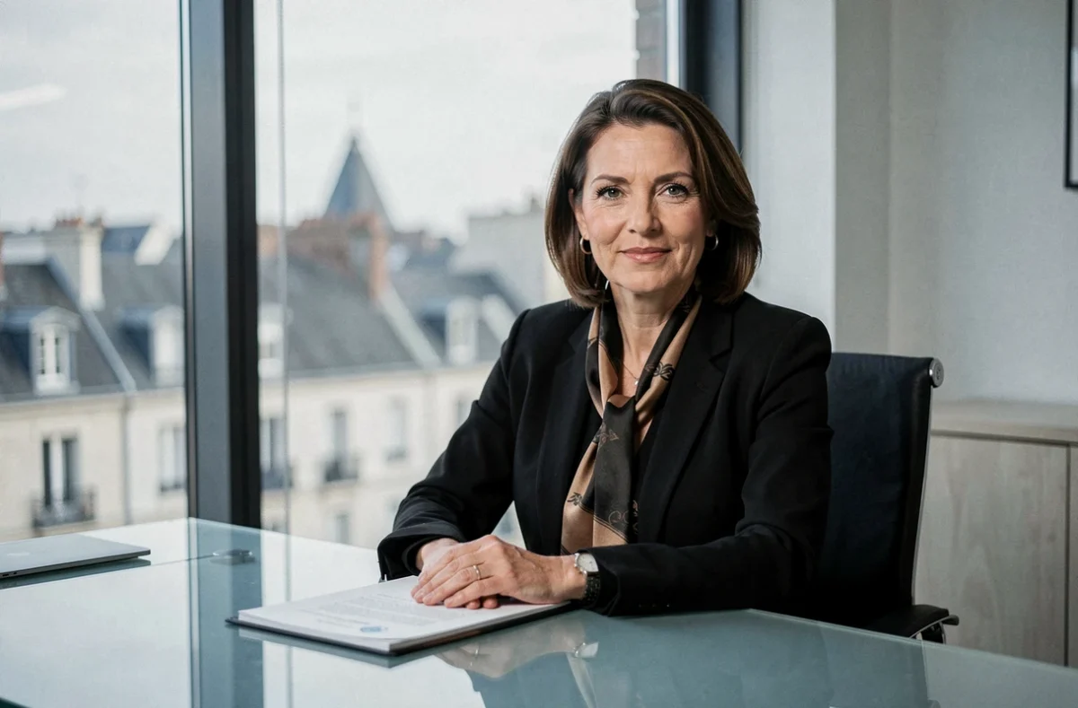 Avocate Marie-Géraldine Coupey au barreau d'Angoulême, en blazer noir avec foulard en soie, assise dans un bureau moderne avec vue sur les toits