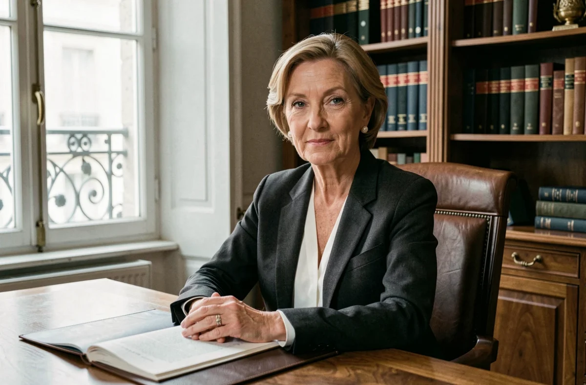 Avocate Marie-Hélène Letang à Angoulême, en blazer charbon assise à un bureau en bois avec des boucles d'oreilles en perles