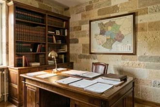 Bureau d'avocat classique en Charente avec des livres de droit, des documents juridiques et un mur en pierre calcaire typique d'Angoulême