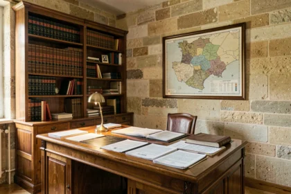 Bureau d'avocat classique en Charente avec des livres de droit, des documents juridiques et un mur en pierre calcaire typique d'Angoulême
