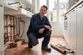 Plombier professionnel travaillant sous un évier dans un appartement d'Orléans, représentant les meilleurs plombiers de la ville