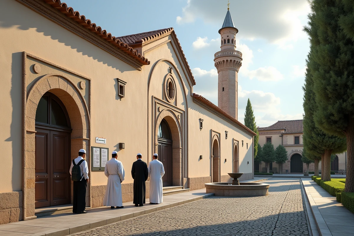 Façade d'une mosquée à Toulouse avec un groupe d'hommes consultant les horaires de prière affichés près de l'entrée