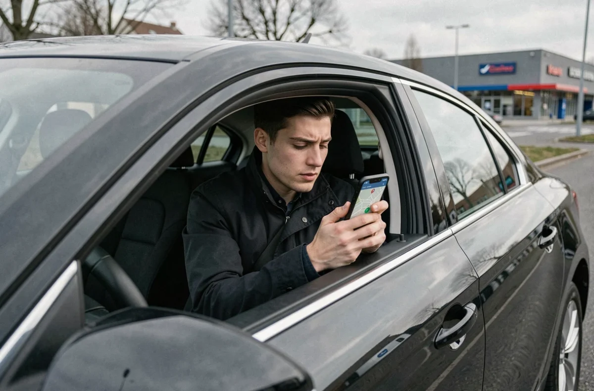 Chauffeur de My Taxi Paris consultant son application de navigation dans son véhicule à Rosny-sous-Bois