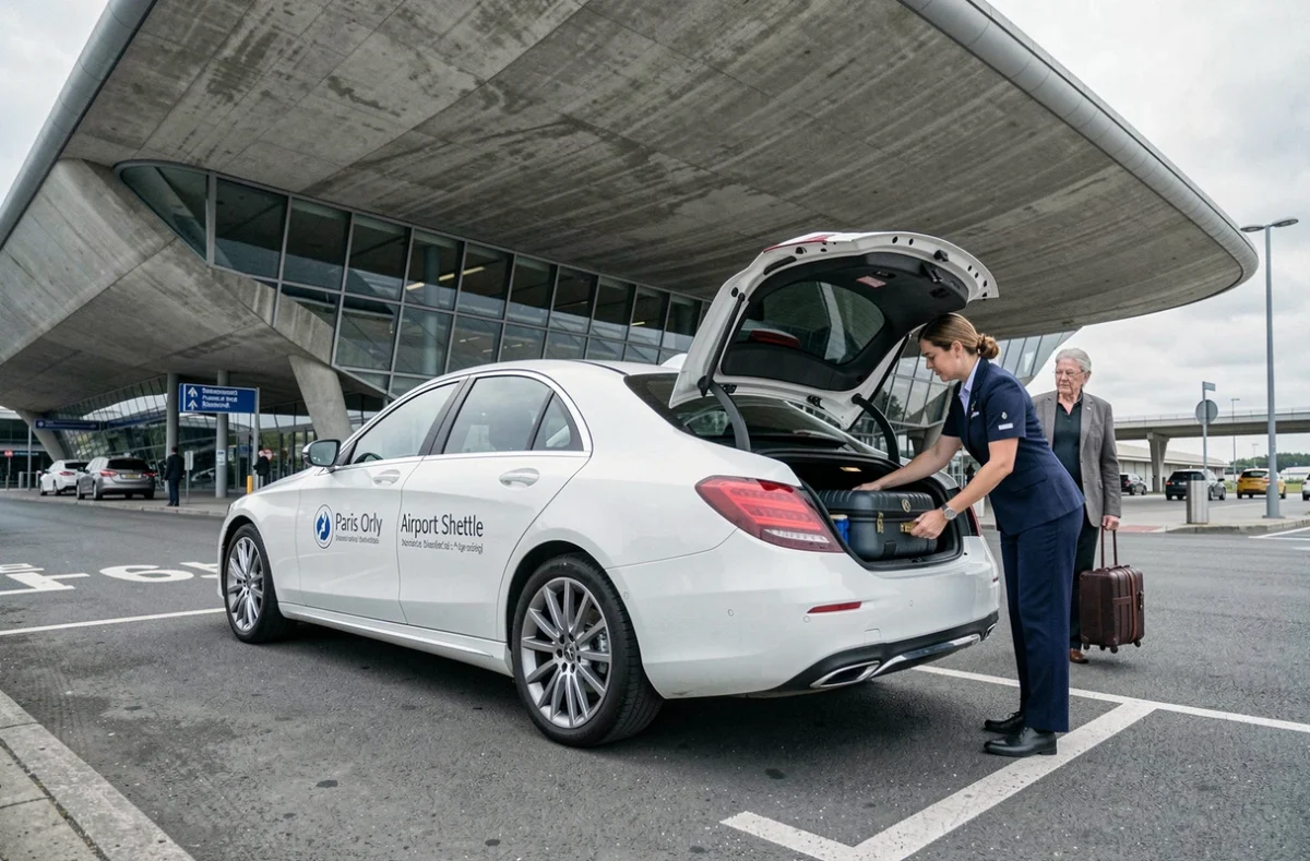 Berline blanche d'aéroport de la navette Navette Paris Aéroports chargée de bagages devant un terminal, service basé à Montreuil