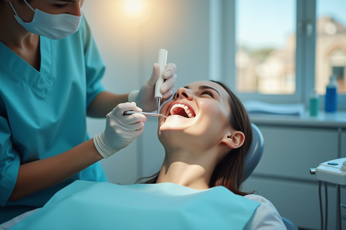 Hygiéniste dentaire nettoyant les dents d'un patient dans un cabinet moderne