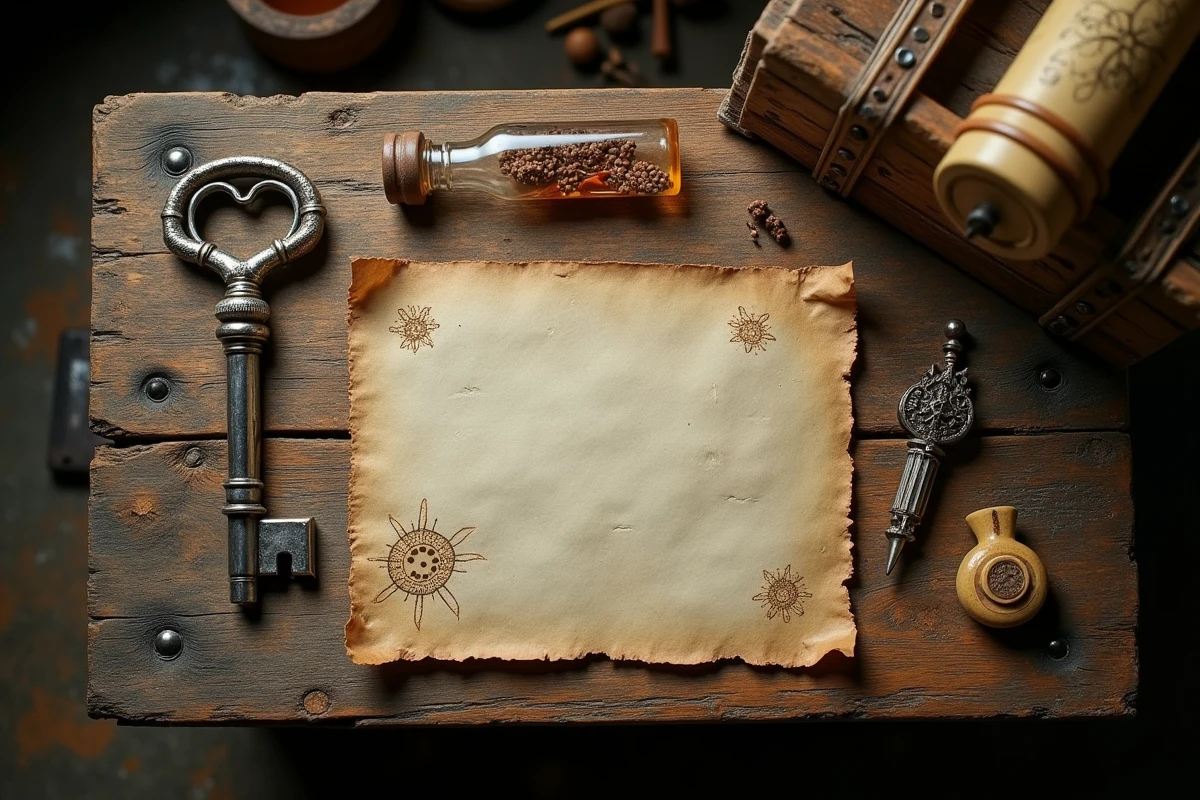 Vue aérienne d'objets fantastiques artisanaux incluant une clé en soie et des reliques sur une table en bois, référence aux objets de Silksong
