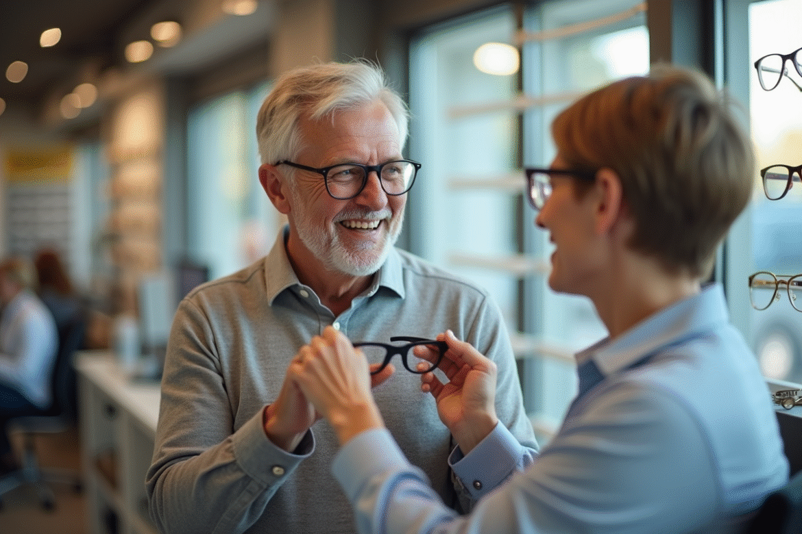 Opticien aidant un client souriant dans une boutique lumineuse en Bretagne