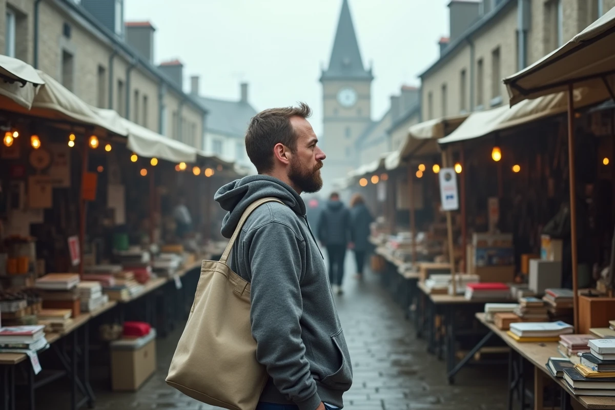 Homme arrivant tôt le matin à l'ouverture d'un vide grenier dans le Finistère