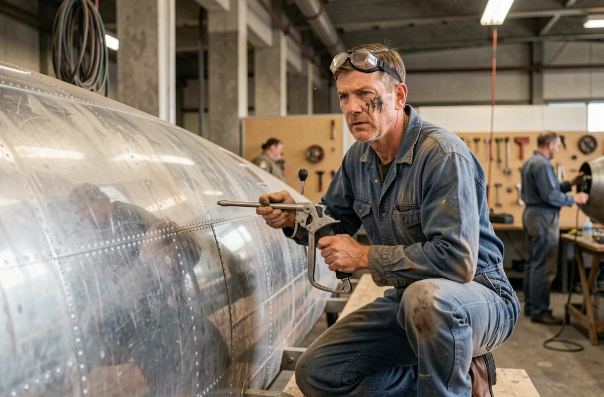 Ouvrier spécialisé posant des rivets sur le fuselage d'un Boeing B-17F dans une usine d'armement américaine pendant la Seconde Guerre mondiale