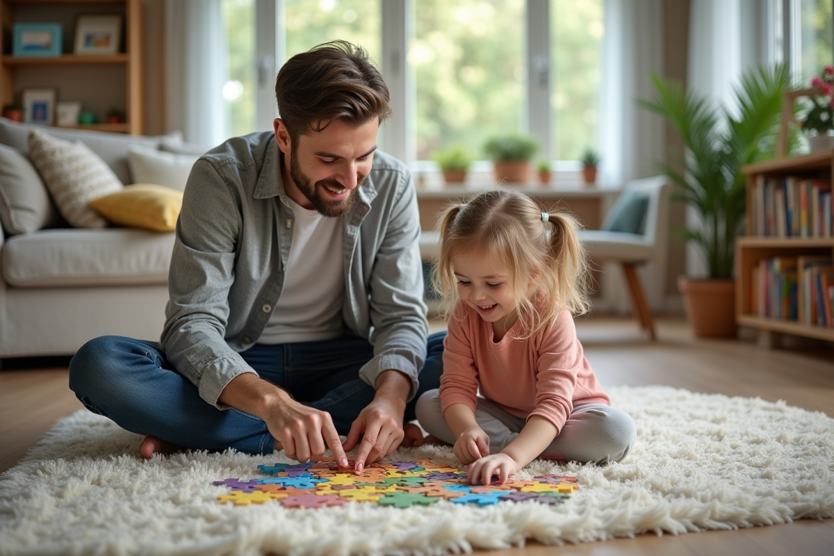 Père et fille résolvant un puzzle dans un salon chaleureux