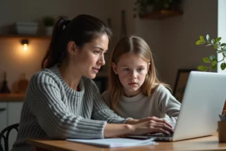 Une mère et sa fille adolescente consultent ensemble un ordinateur portable pour gérer le contrôle parental sur l'application Tarenoi