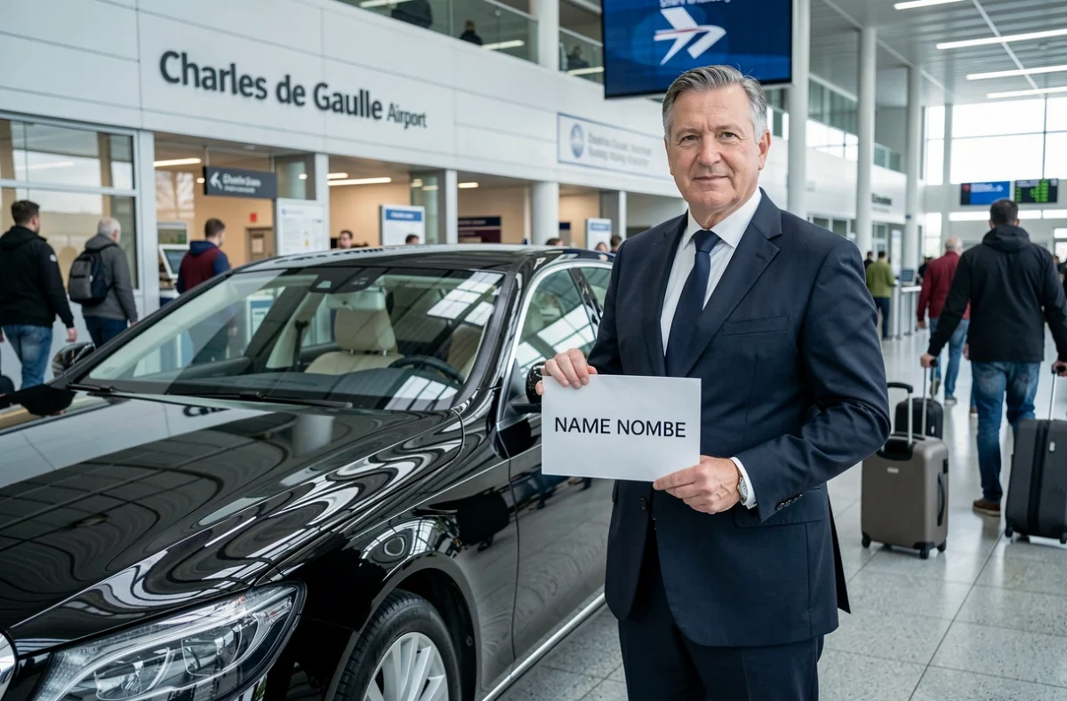 Chauffeur en costume tenant une pancarte d'accueil dans un terminal d'aéroport pour Paris-Airport-Best-Transfer basé à Villetaneuse