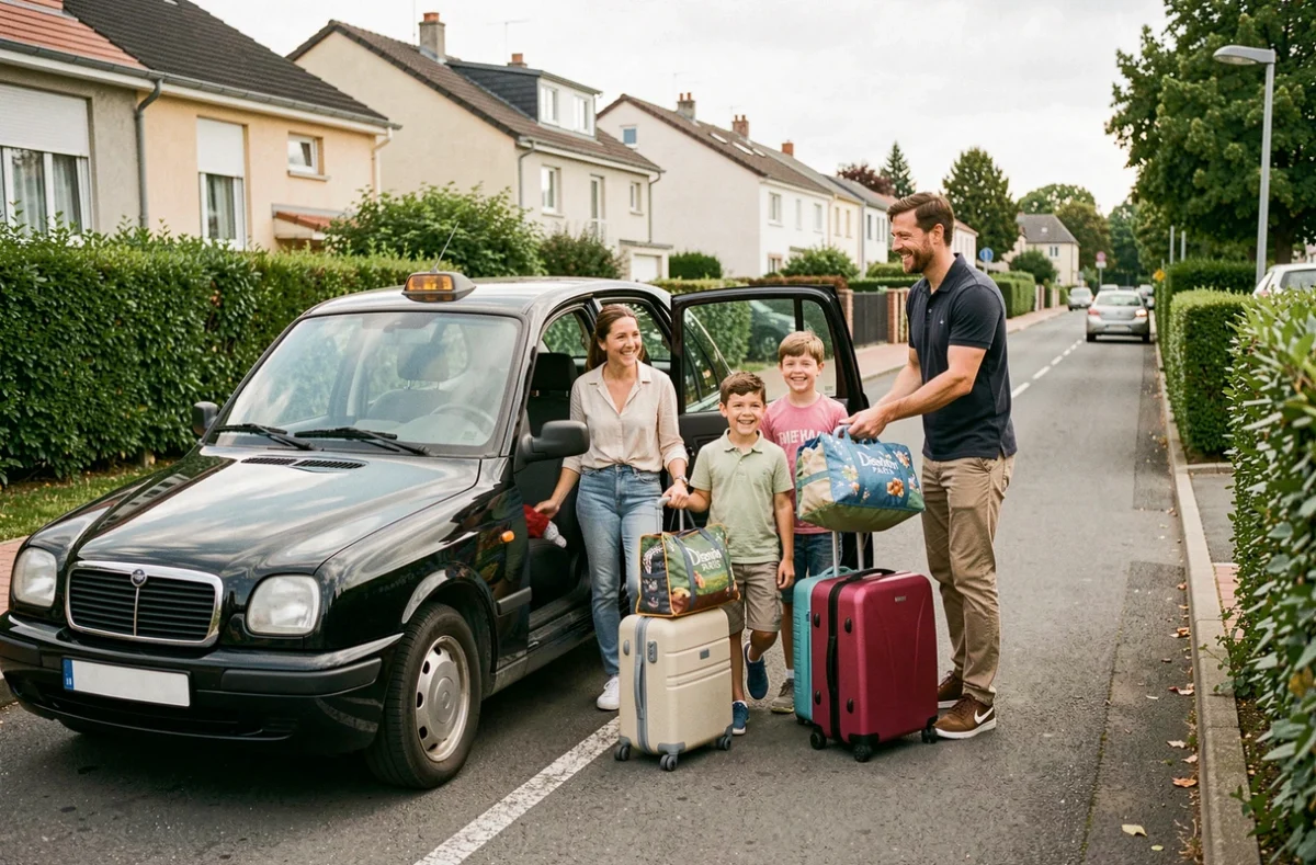 Famille joyeuse descendant d'un taxi noir après une excursion à Disneyland Paris, service Paris Disney Cab basé à Stains